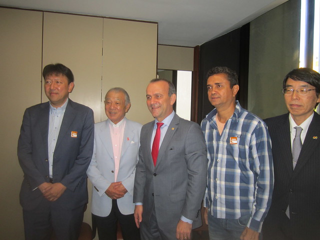 Yohei Sasakawa (2nd-L), president of the Nippon Foundation, accompanied by two members of his delegation, took part in a meeting with Congressman Helder Salomão (C), chair of the Human Rights Commission of the Brazilian Chamber of Deputies, who pledged to support initiatives to eliminate leprosy in his country. Faustino Pinto (2nd-R), national coordinator of the Movement for the Reintegration of Persons Affected by Hanseniasis (MORHAN), also participated. Credit: Mario Osava/IPS