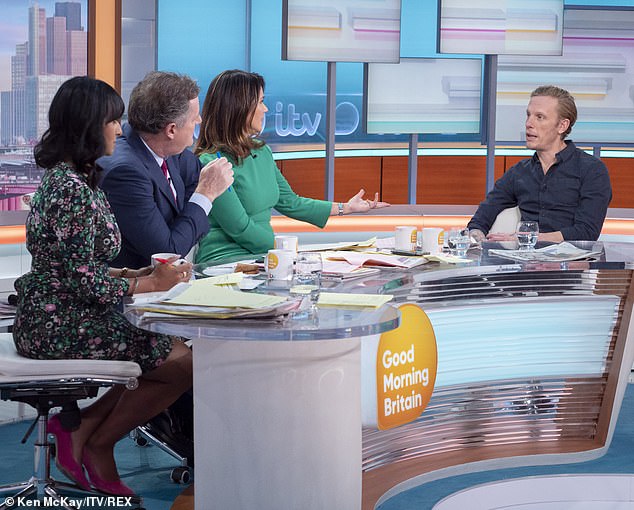Pictured: Ranvir Singh, Piers Morgan and Susanna Reid with Laurence Fox Good Morning Britain today