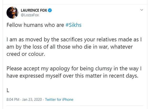 Laurence Fox apologised to the Sikh community after his outburst about the Sam Mendes