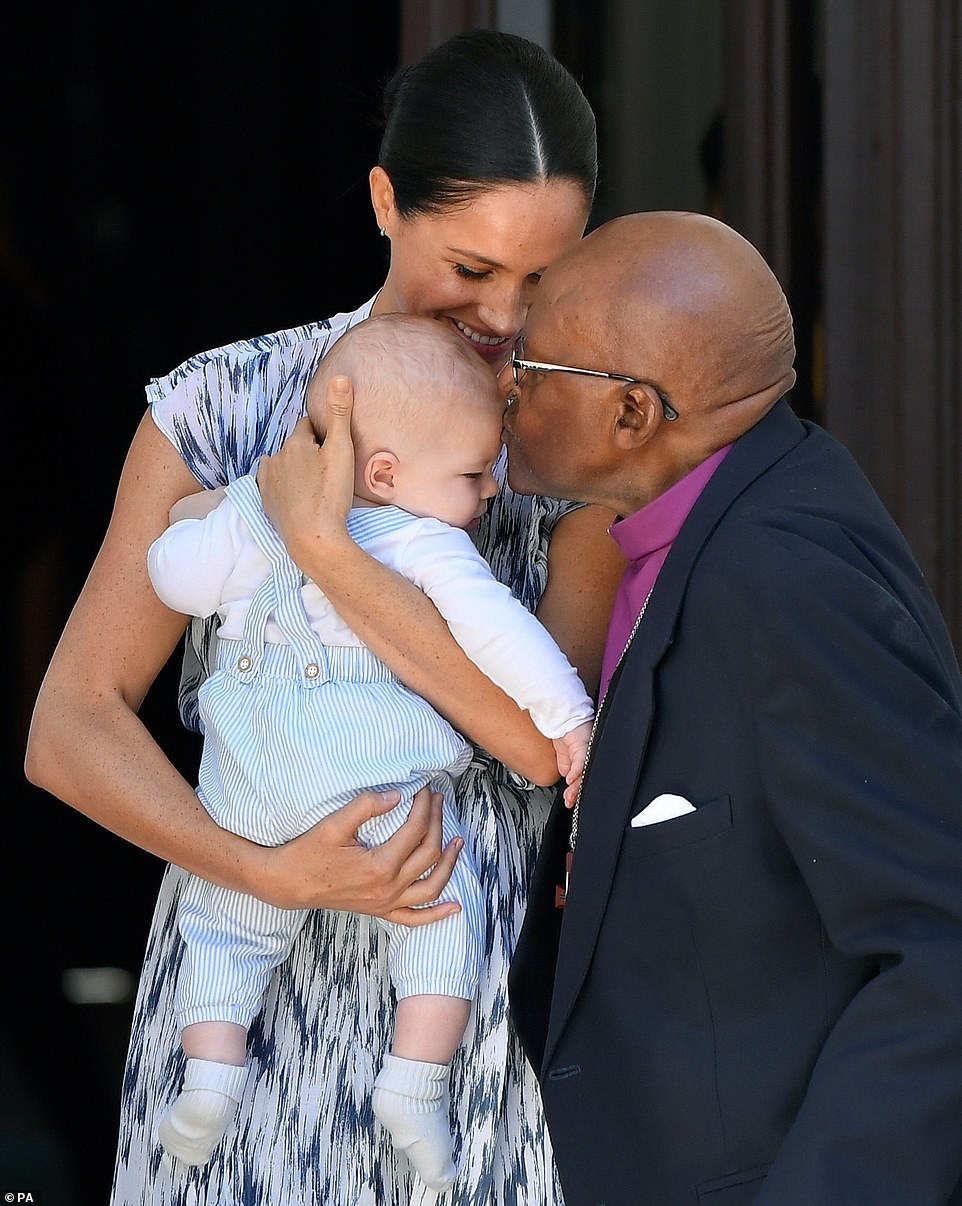 The Duke and Duchess of Sussex took Archie on a tour of South Africa, Malawi, Angola and Botswana between September 23 and October 2, 2019. Pictured, during a meeting with Archbishop Desmond Tutu in Cape Town on 29 September 2019