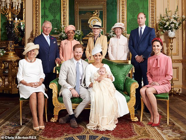 Secret: Harry and Meghan's dramatic decision was taken without the knowledge of the Queen, Prince Charles or Prince William. Pictured with Camilla Duchess of Cornwall, Prince Charles, Ms Doria Ragland, Lady Jane Fellowes, Lady Sarah McCorquodale, Prince William and Catherine Duchess of Cambridge