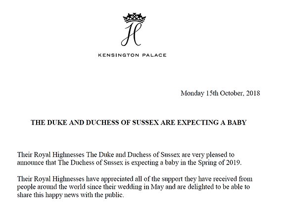 The baby news was released in a statement by Kensington Palace saying the baby was due in Spring 2019