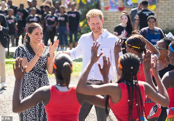 The Duke and Duchess of Sussex met a group of dancers at the Nyanga Township in Cape Town, South Africa, on the first day of their tour of Africa on Monday September 23