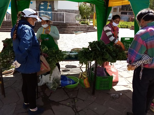 The agro-ecological women farmers set up their stall three times a week in the main square of the rural municipality of Huasao to sell lettuce, tomatoes, Chinese onions, radish and other fresh produce. They are now marketing their wares in compliance with the health regulations put in place in response to the coronavirus pandemic, for which they have received training from the municipal authorities. CREDIT: Nayda Quispe/IPS