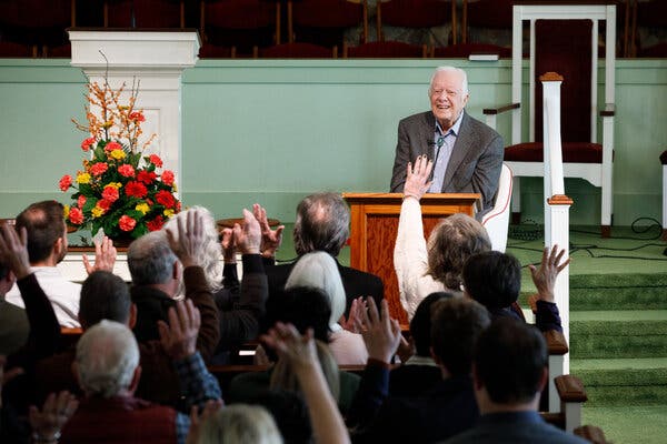 Former President Jimmy Carter at his Sunday school class at Maranatha Baptist Church in Plains, Ga., in 2019.