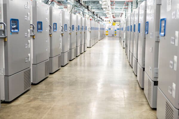 Cold storage freezers with Covid-19 vaccines at the Pfizer Kalamazoo Manufacturing Site in Michigan.