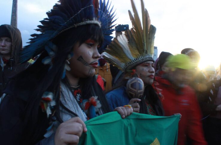 Amazonian indigenous people participate in protests by social movements in Glasgow, in which they claimed that their voices were not adequately heard at COP26. CREDIT: Arturo Contreras/Pie de Página