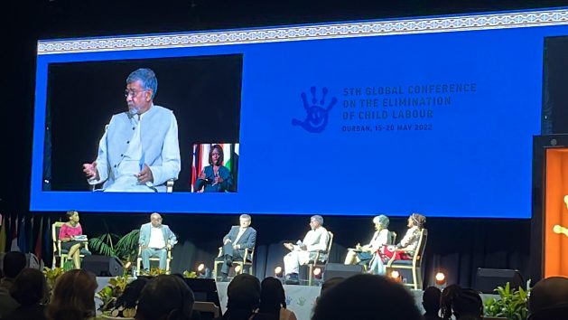 Nobel Laureate Kailash Satyarthi addresses the 5th Global Conference on the Elimination of Child Labour. Despite setbacks, he is optimistic that child labour can be abolished. Credit: Cecilia Russell/IPS