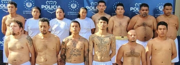 A group of alleged gang members is presented to the media by police authorities in El Salvador on Jul. 20 as a demonstration of the effectiveness of the war against gangs waged in this Central American country under a state of emergency. But families of detainees and human rights organizations warn that in many cases they have no links to criminal organizations. CREDIT: National Civil Police