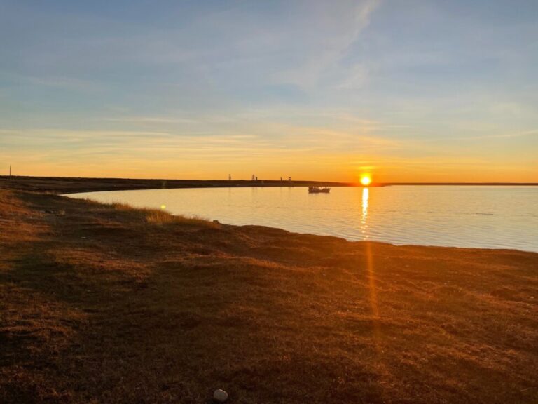 Sunset at Laredo Bay in the Magallanes region where the Chilean government will have to decide on what changes in the grasslands are acceptable, in the face of a flood of requests to use the area for largescale green hydrogen projects. CREDIT: Courtesy of Erika Mutschke