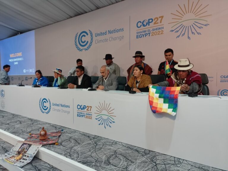 The Bolivian delegation in Sharm El Sheikh, which included officials as well as leaders of indigenous communities from the South American country, take part in a meeting with journalists at COP27 to demand more ambitious action. CREDIT: Daniel Gutman/IPS