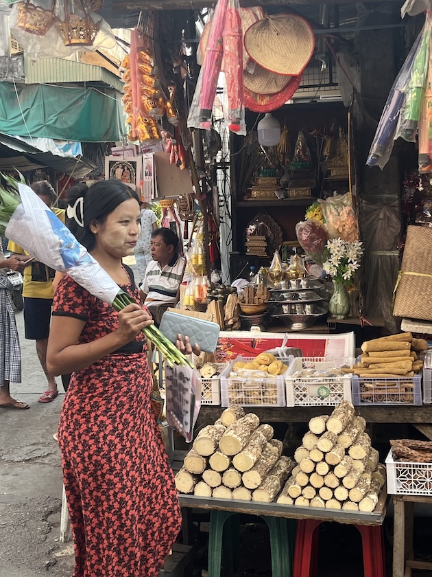 A Burmese woman wearing thanaka to protect her face from the sun walks through a market in the Thai border town of Mae Sot. The stall is selling the wood bark that is ground into the cosmetic paste so popular in Myanmar. Credit: William Webb/IPS