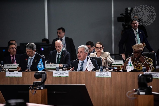 UN Secretary General António Guterres addresses the session “Strengthening multilateralism, economic - financial affairs and artificial intelligence” on July 6 at the 17th summit of BRICS in Rio de Janeiro. For the first time ever, artificial intelligence was a major topic of concern at the BRICS summit. Credit: UN Photo/Ana Carolina Fernandes