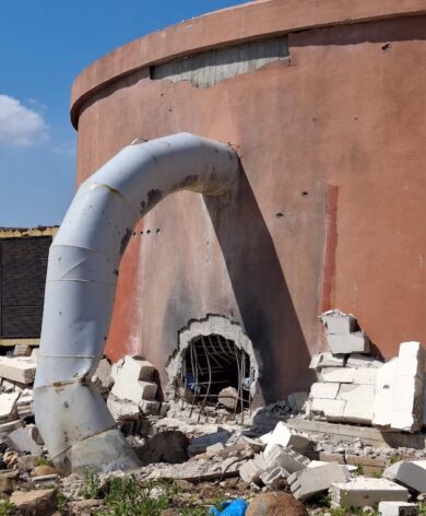 Damage to the water tank at the Maisat water pumping station. Credit: WaSH Sector Lebanon