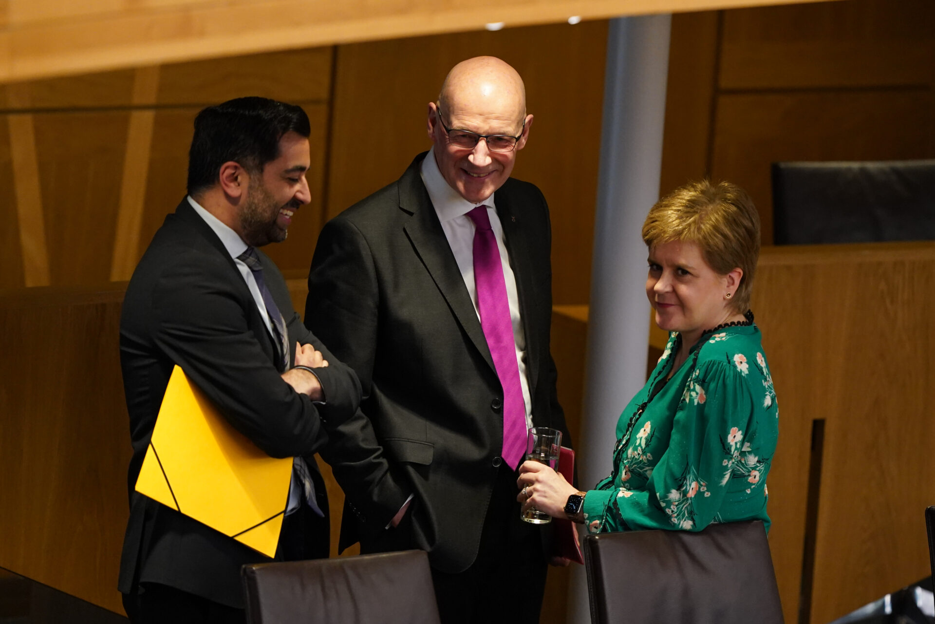 Newly elected SNP leader John Swinney with outgoing First Minister Humza Yousaf and former First Minister Nicola Sturgeon at the Scottish Parliament.