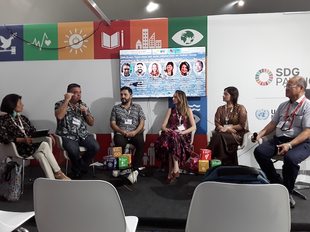 Moderators Masanori Kobayashi (far right) and Farhana Haque Rahman, Senior Vice President and Executive Director, Inter Press Service (far left), at a COP30 side event titled ‘Innovation and social collaboration for climate change adaptation in the pursuit of sustainable blue economies.’ Credit: Joyce Chimbi/IPS