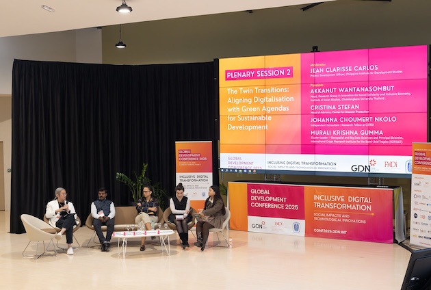 Johanna Choumert-Nkolo, third from right, speaking during a panel discussion at the Global Development Conference 2025 in Clermont-Ferrand, France. Credit: Athar Parvaiz/IPS