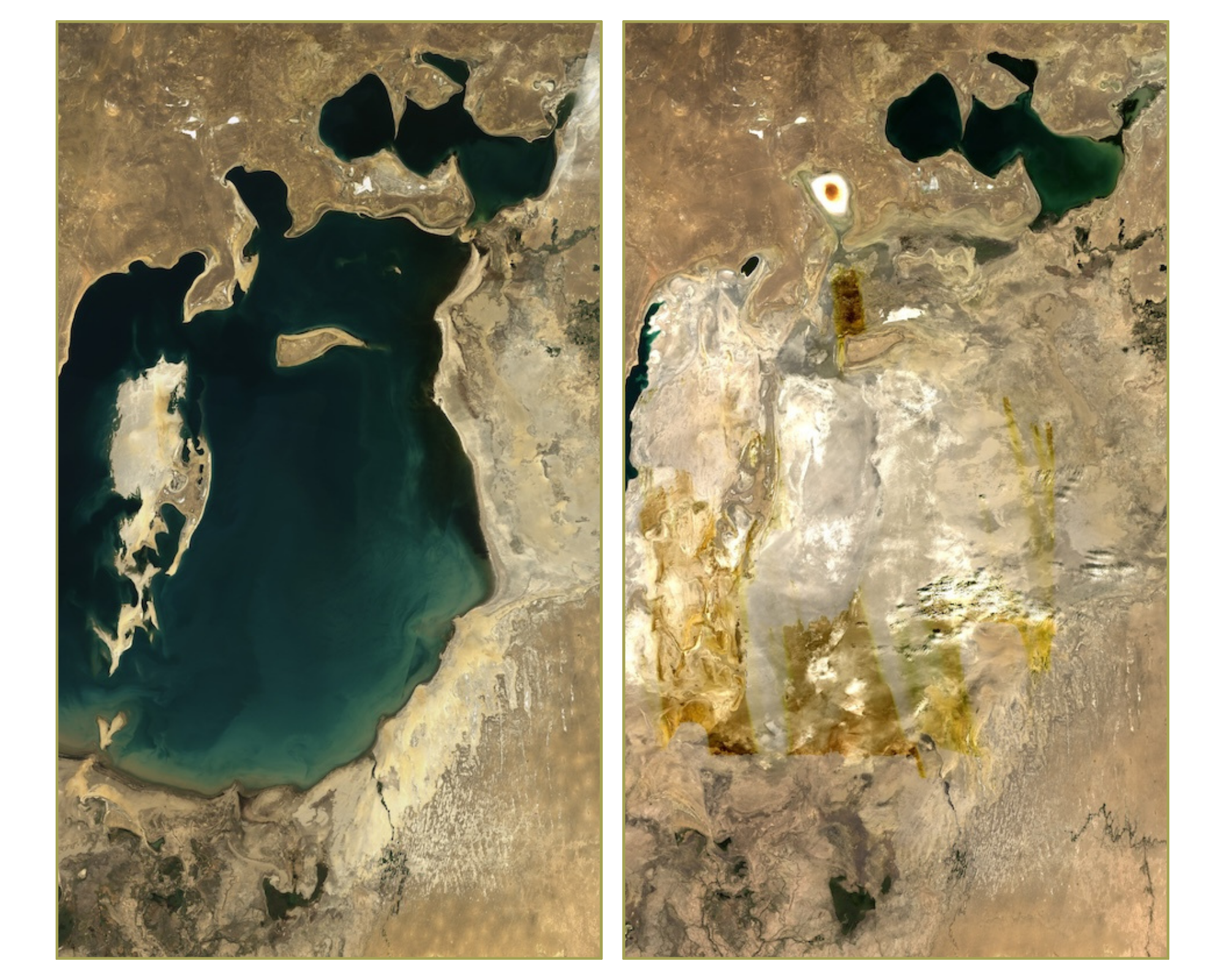 The Aral Sea, which lies between Kazakhstan and Uzbekistan shows dramatic water loss between 1989 and 2025. Credit: UNU-INWEH