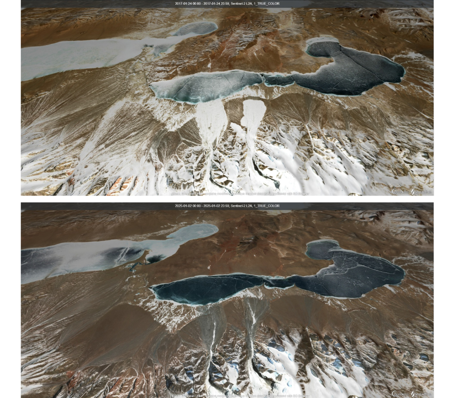 These satellite images show a dramatic impact of the Aru glacier collapses in western Tibet. First image was taken in 2017 and the second in 2025. Credit: UNU-INWEH